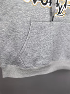 Gray kids hoodie front with kangaroo pocket and drawstring hood detail