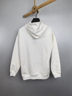 White long-sleeve hoodie with hood and front pouch pocket, plain back view
