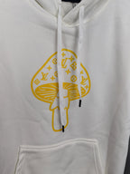 White hoodie with large gold logo graphic and adjustable hood drawstrings