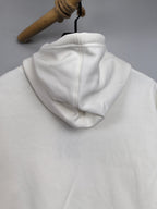 White hoodie back view with hood and curved stitched seam detail