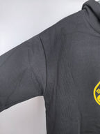 Dark gray Louis Vuitton hooded sweatshirt sleeve with small yellow logo print