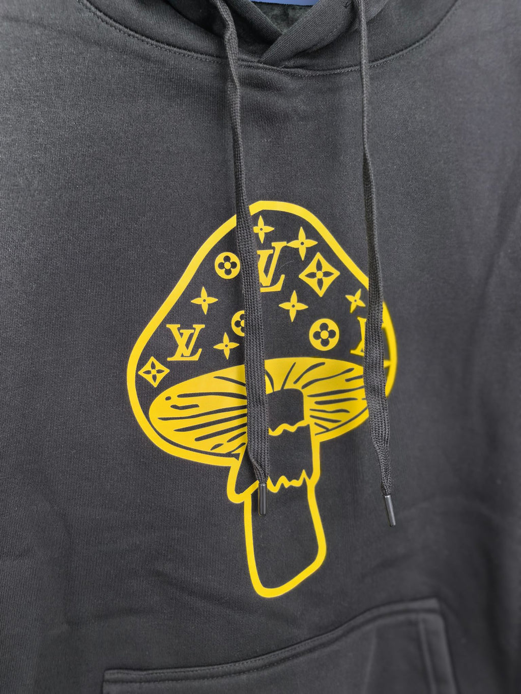 Dark gray Louis Vuitton hooded sweatshirt with yellow character logo and drawstrings