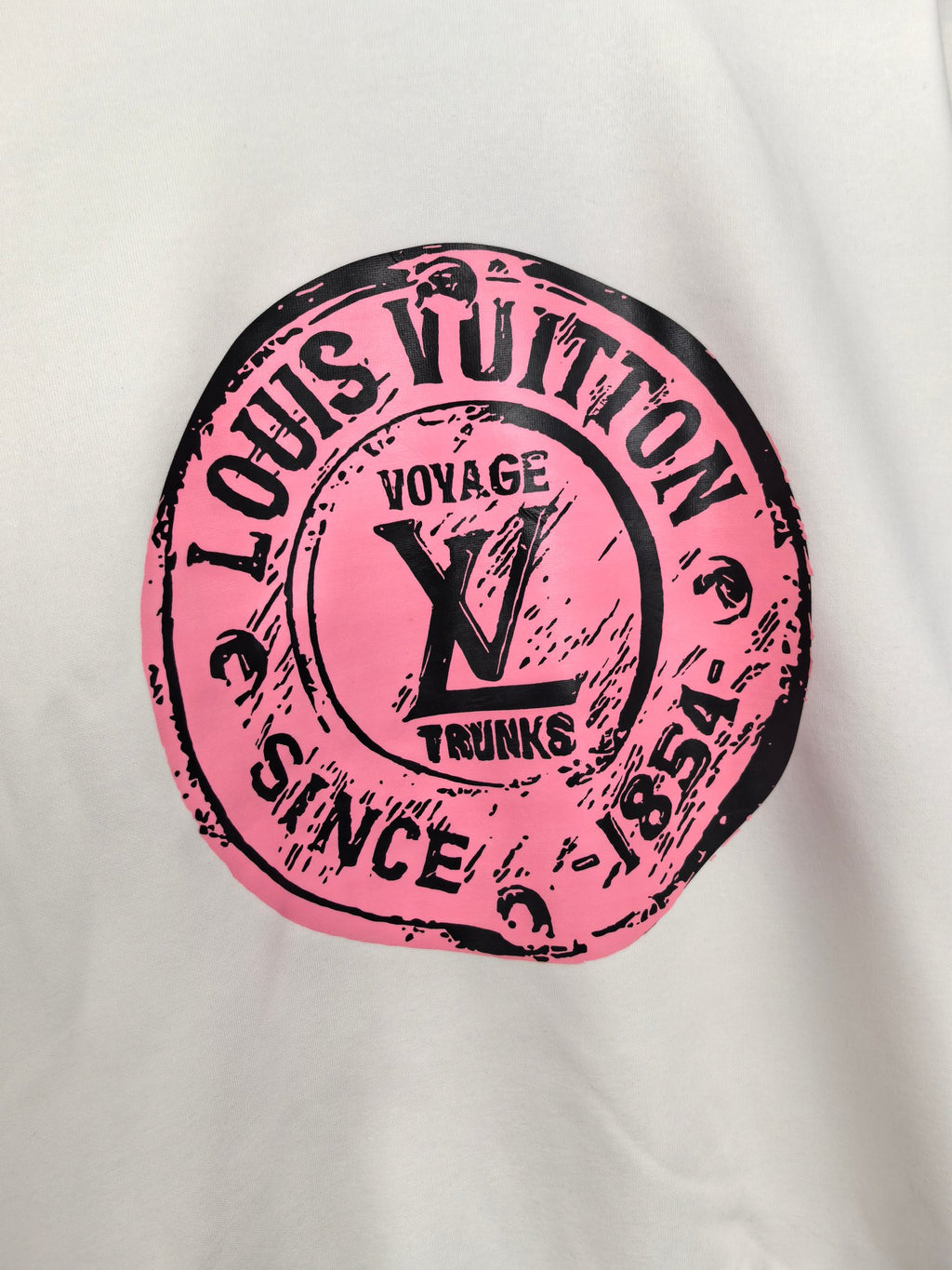 White long-sleeve sweatshirt with large pink LV Voyage logo front print