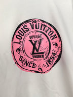 White long-sleeve sweatshirt with large pink LV Voyage logo front print