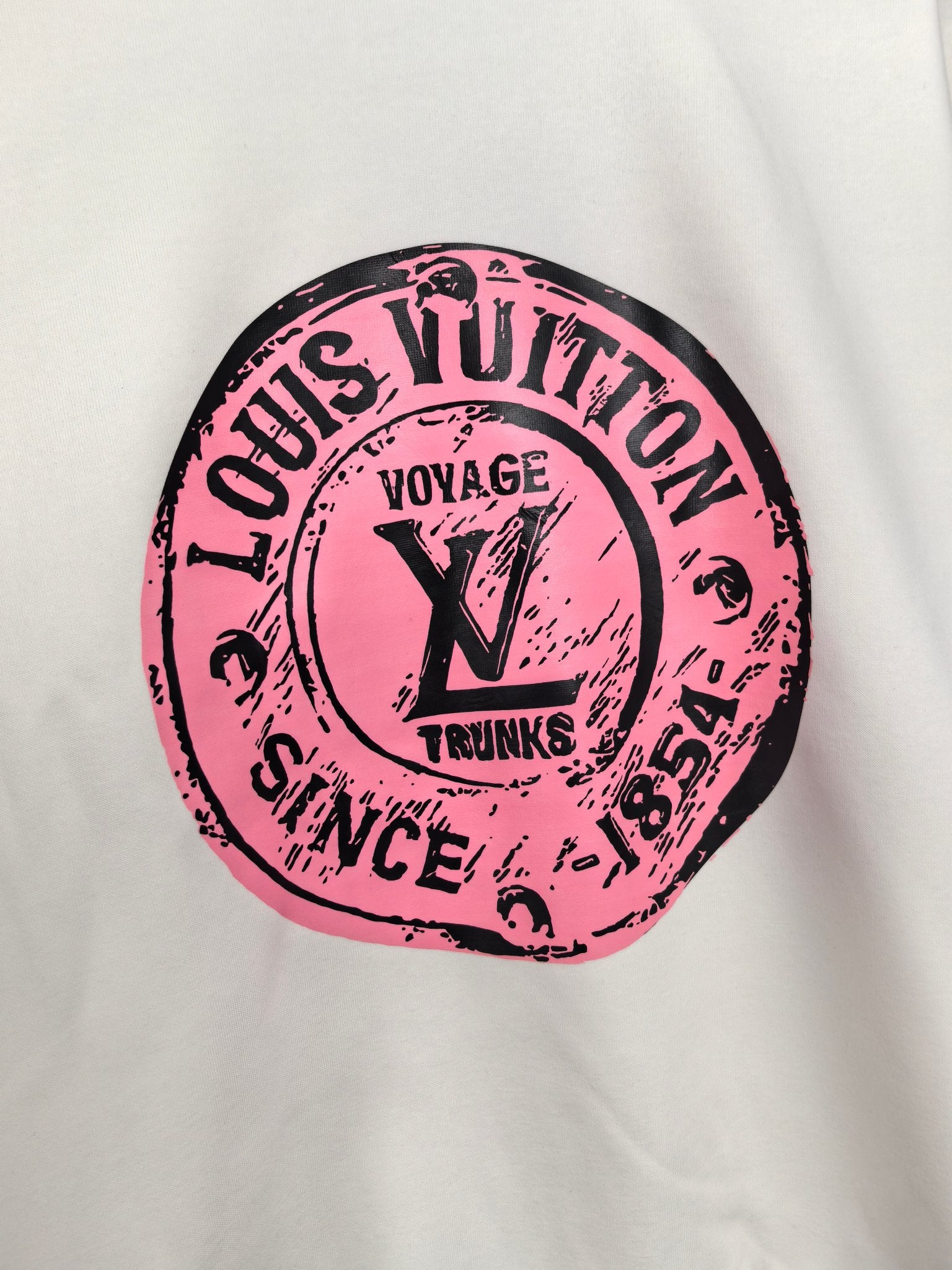 White long-sleeve sweatshirt with large pink LV Voyage logo front print