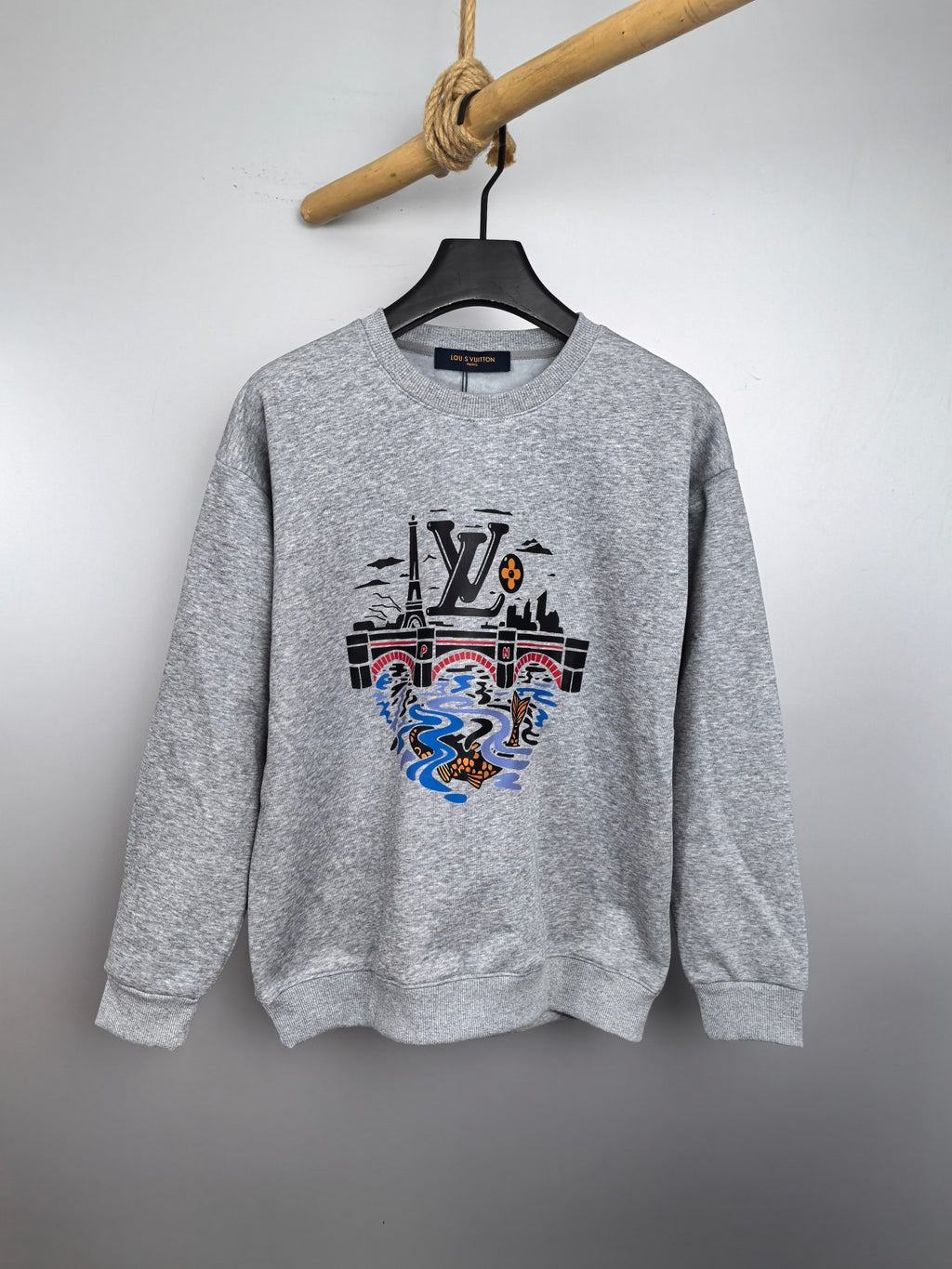 Louis Vuitton grey crewneck sweatshirt with colorful city graphic on front