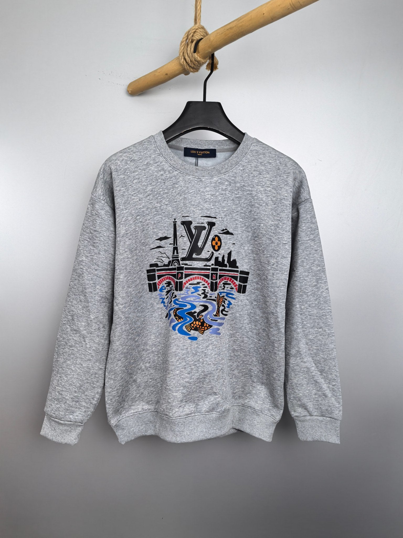 Louis Vuitton grey crewneck sweatshirt with colorful city graphic on front