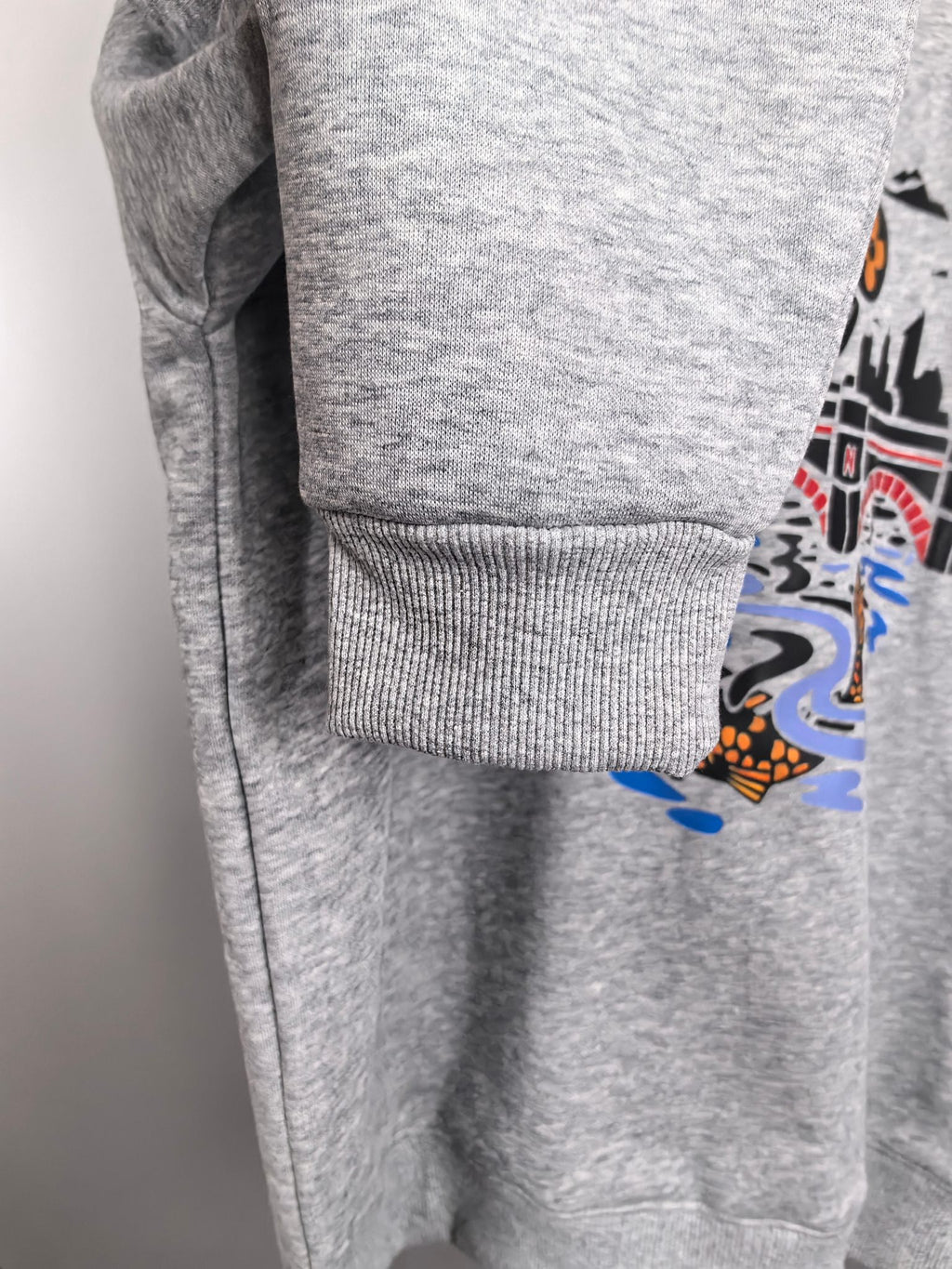 Grey crewneck sweatshirt ribbed hem and sleeve with graphic print at side
