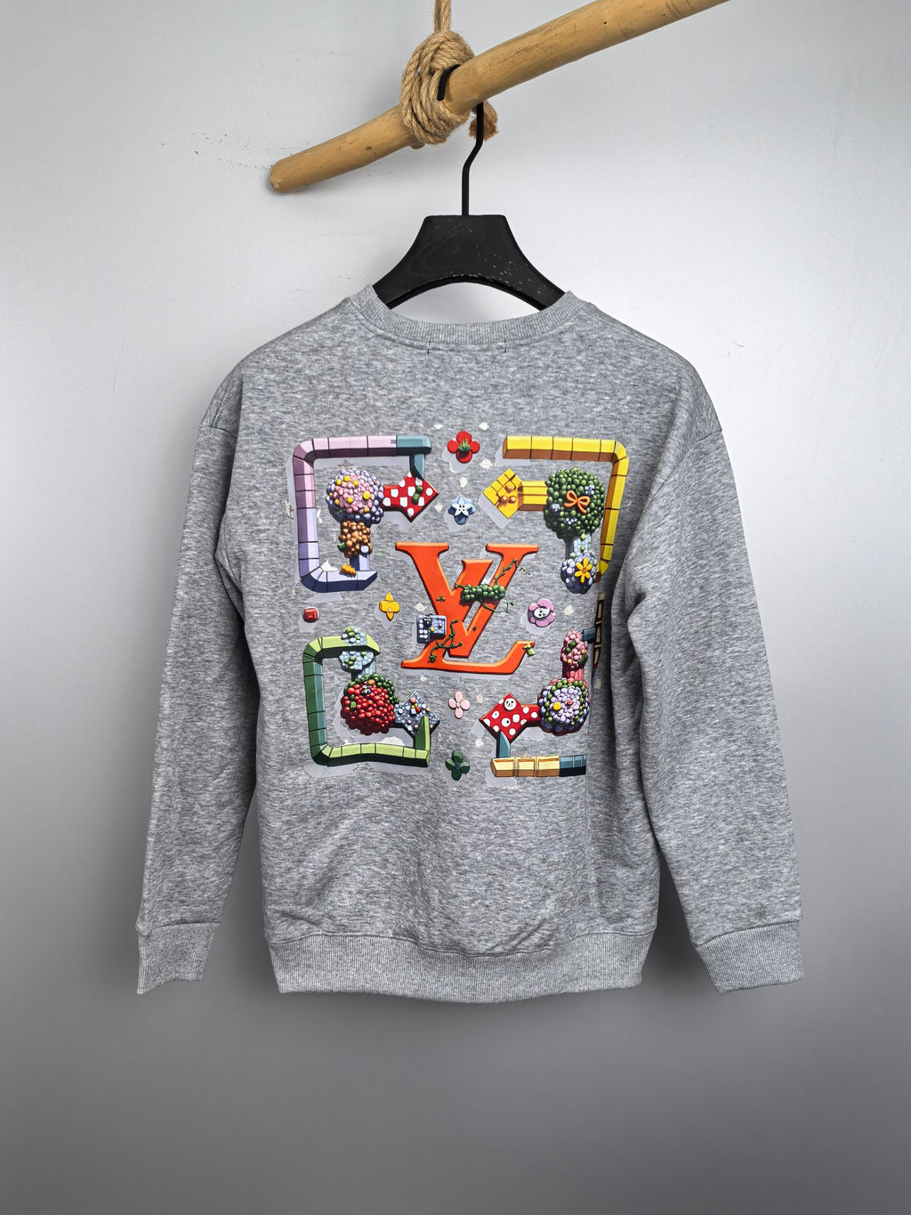 Light gray crewneck sweatshirt with large multicolor LV-style logo graphic