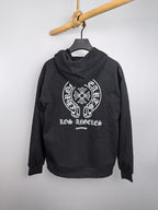 Black zip-up hoodie with hood; back graphic and Los Angeles text