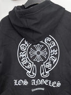 Black zip-up hoodie with back hood and large Los Angeles graphic