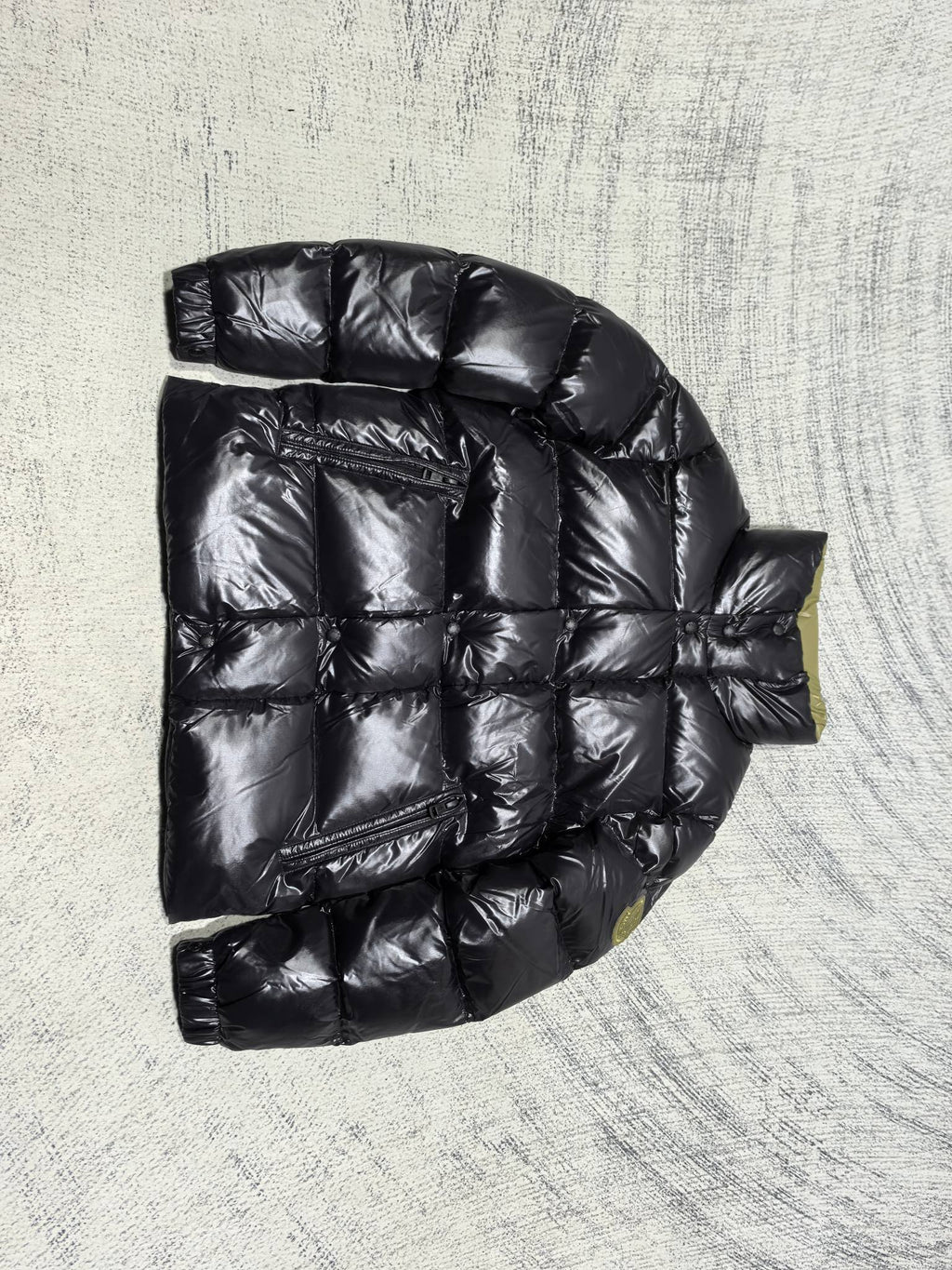 Moncler black quilted puffer jacket, stand collar, front zipper and patch pocket
