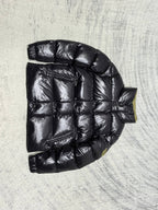 Moncler black quilted puffer jacket, stand collar, front zipper and patch pocket