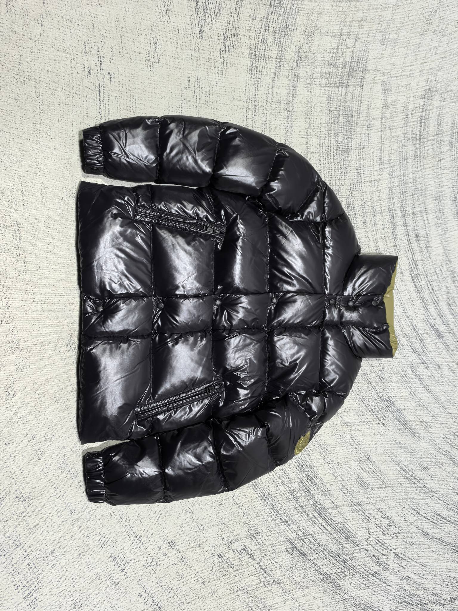 Moncler black quilted puffer jacket, stand collar, front zipper and patch pocket
