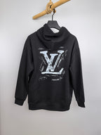 Black hoodie with large Louis Vuitton graphic on back, hood and drawstring.