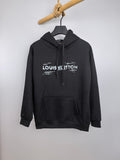 Black Louis Vuitton logo hoodie with hood, front pouch pocket, drawstring ties.