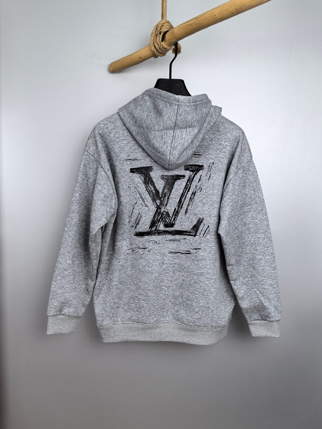 Heather gray Louis Vuitton hoodie with large LV logo on the back