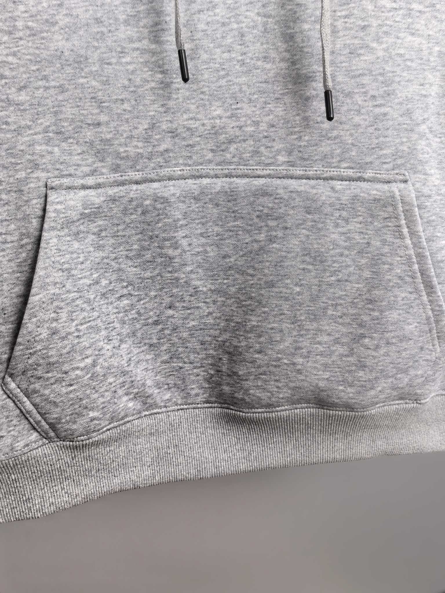 Heather gray hoodie kangaroo pocket with drawstring hood cords