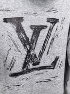 Heather gray hoodie close-up of bold black LV logo print