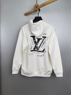 Louis Vuitton long-sleeve hoodie, white, large LV print on chest.