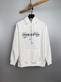 Louis Vuitton long-sleeve hoodie, white, front logo and drawstring hood.
