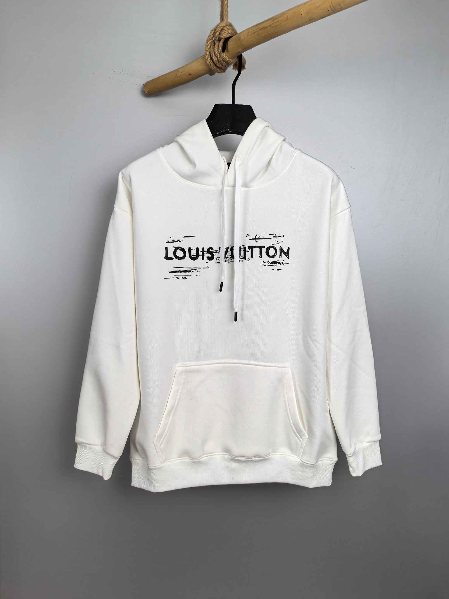 Louis Vuitton long-sleeve hoodie, white, front logo and drawstring hood.