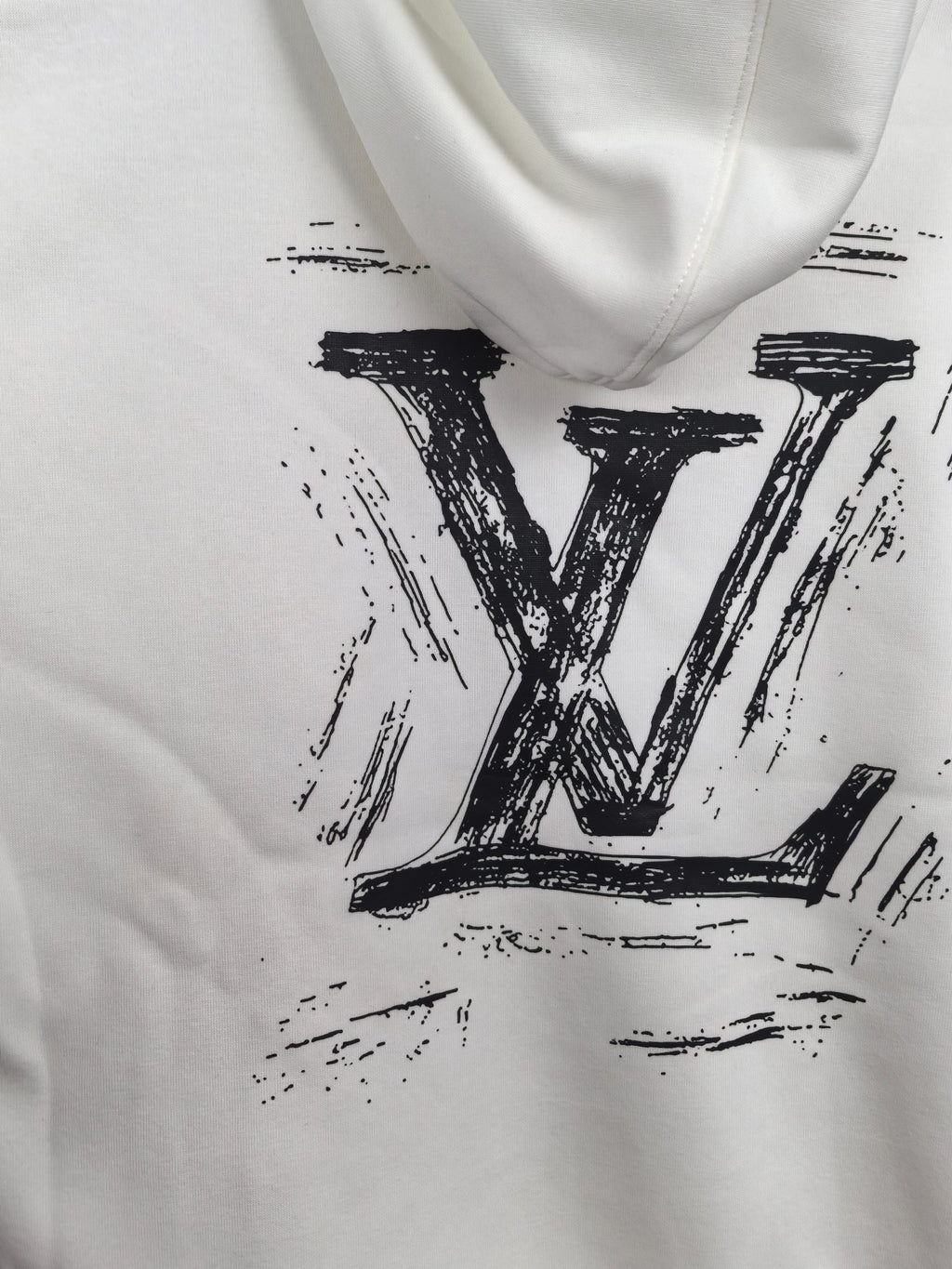 White hoodie with large black LV logo print at center.