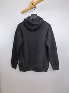 Dark gray pullover hoodie with hood and drawstrings, front view
