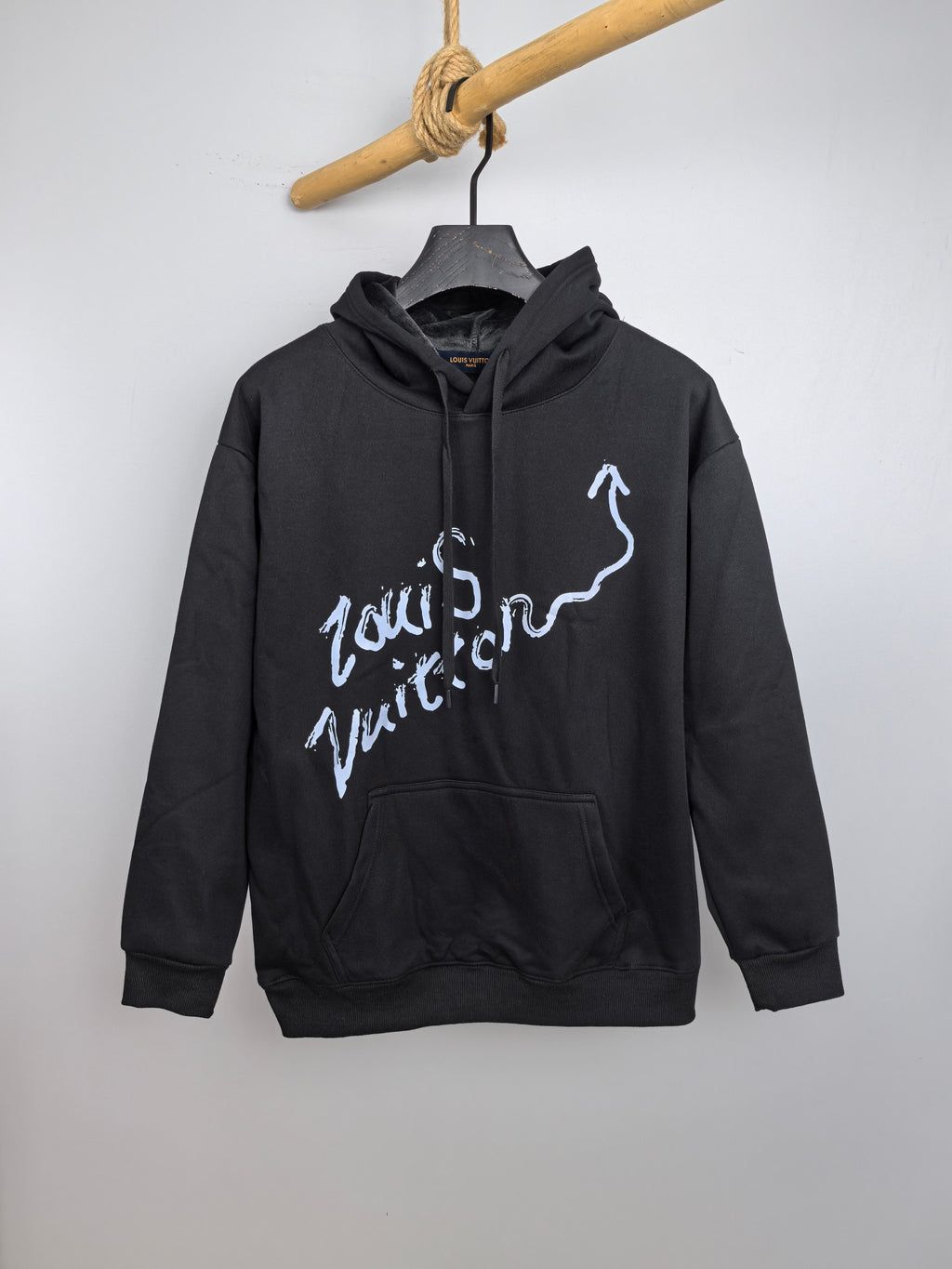 Louis Vuitton long-sleeve hoodie, dark gray, with white graphic logo and front pocket