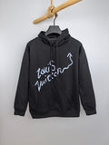 Louis Vuitton long-sleeve hoodie, dark gray, with white graphic logo and front pocket