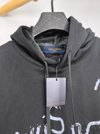 Dark gray hoodie close-up of hood, drawstrings, and white graphic logo print