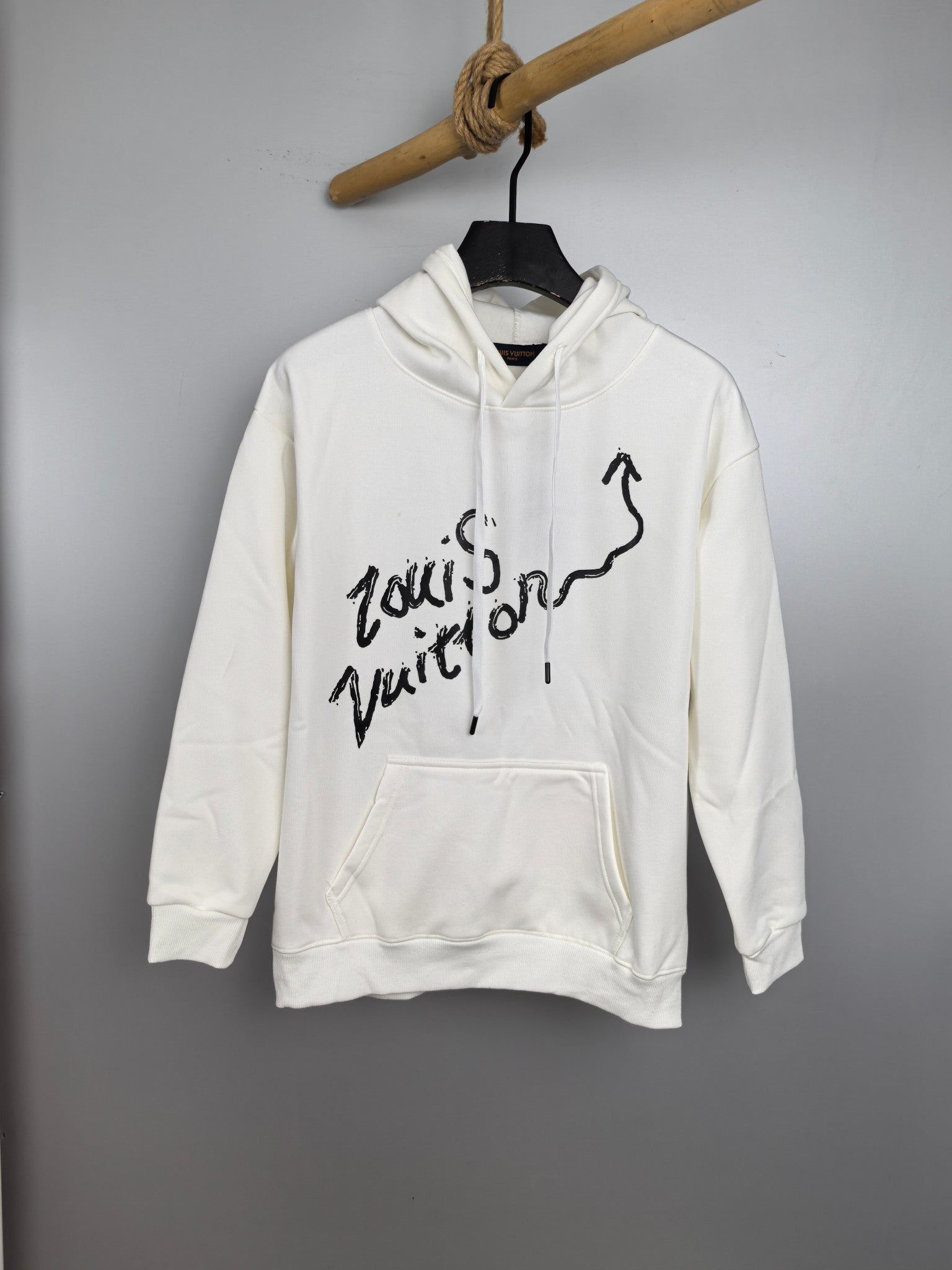 Louis Vuitton long-sleeve hoodie, white with black graphic script front