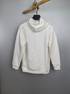 White hoodie with pullover hood and front kangaroo pocket, long sleeves