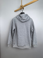 Gray pullover hoodie from back, adjustable hood and long sleeves