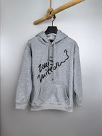 Gray pullover hoodie with black script graphic on chest and kangaroo pocket