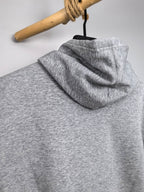 Gray pullover hoodie back view with hood and long sleeves