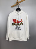 White long-sleeve hoodie with hood and colorful fish graphic, Louis Vuitton text on chest