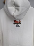 White hoodie with hood and small fish emblem with Louis Vuitton text