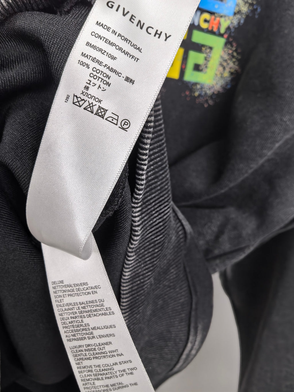 Givenchy fabric care tag on charcoal hoodie interior