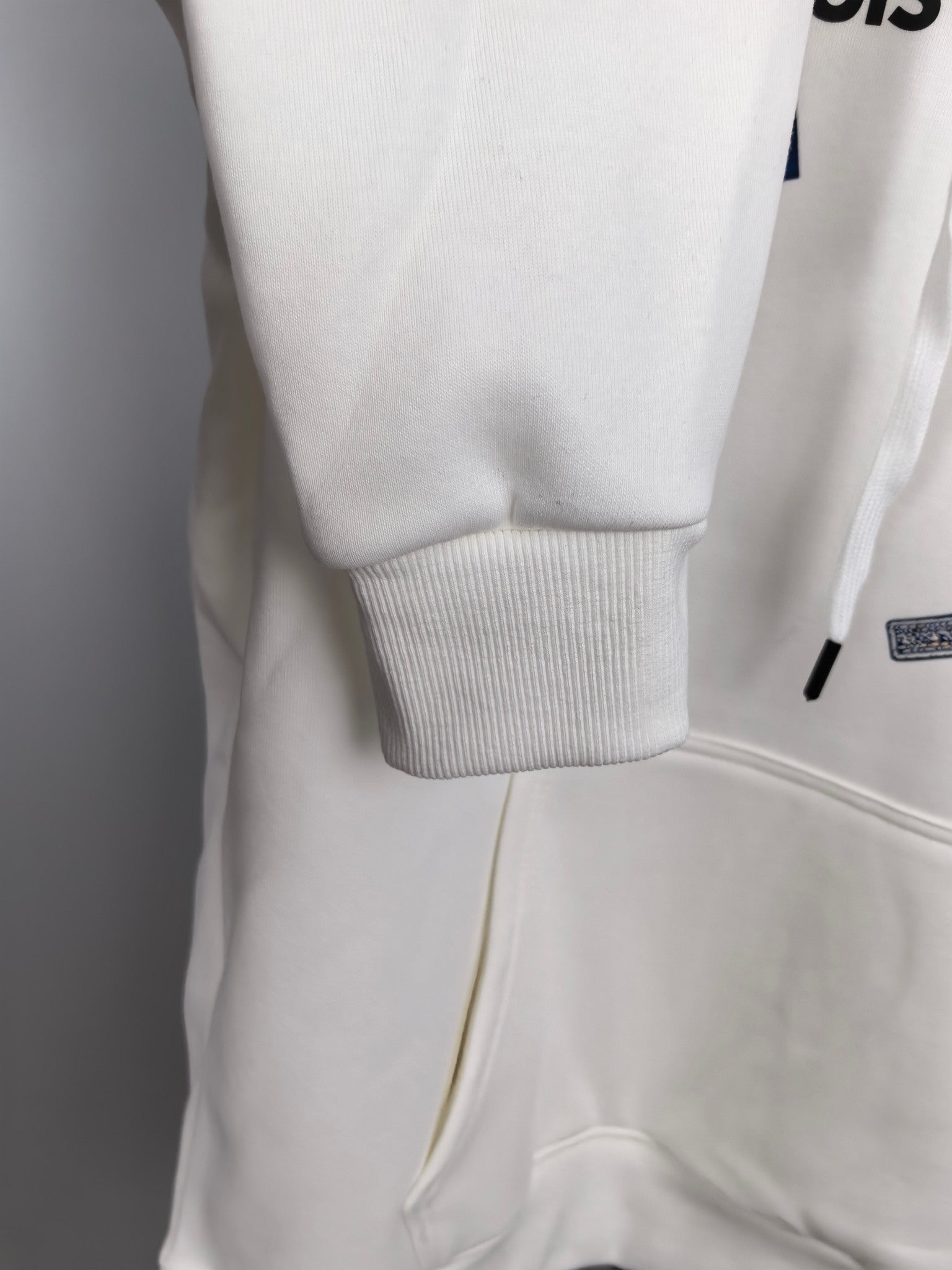 White Louis Vuitton hoodie lower front with ribbed cuff and kangaroo pocket