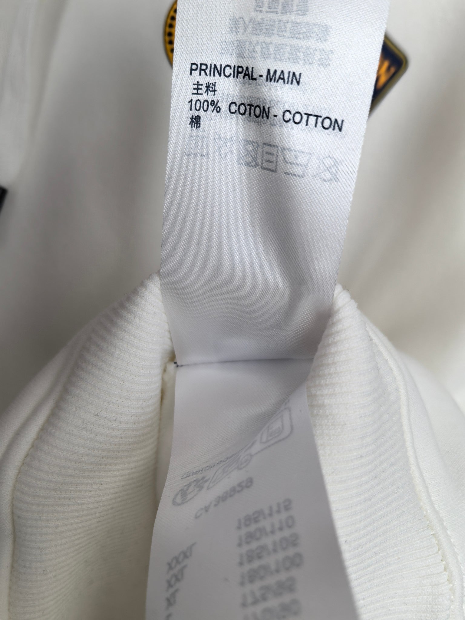 Inside hoodie neck label reading 100% cotton (coton) and care info