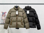 Long puffer jacket in olive green, full-zip with stand collar
