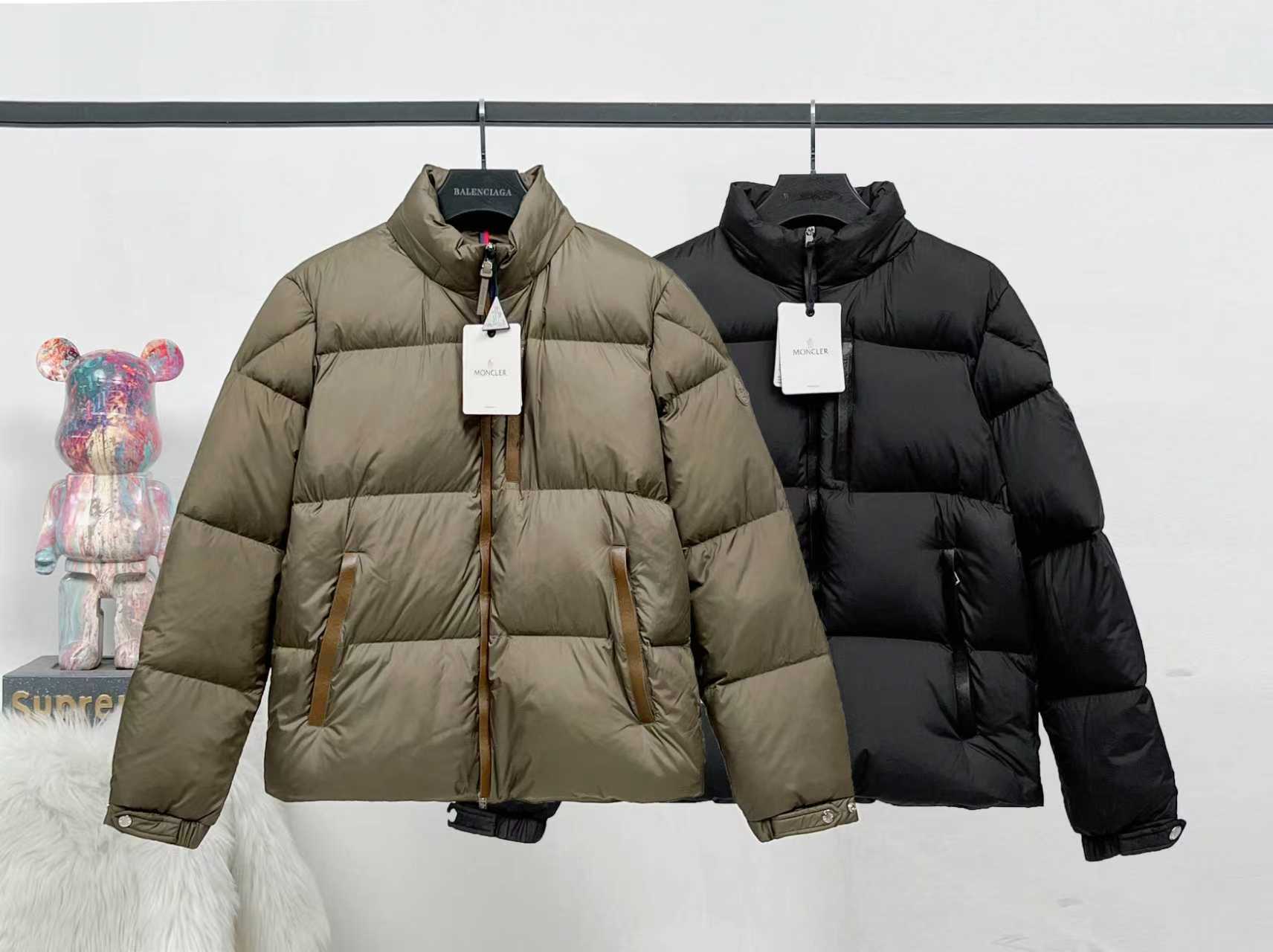 Long puffer jacket in olive green, full-zip with stand collar