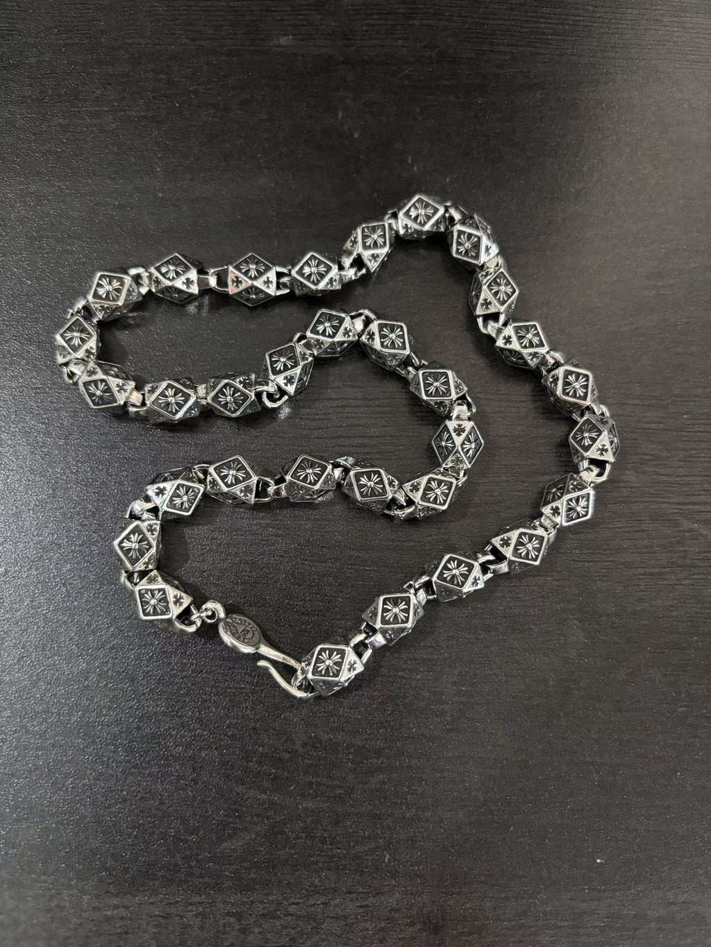 Star-motif square-link chain necklace, silver-tone with dark enamel squares
