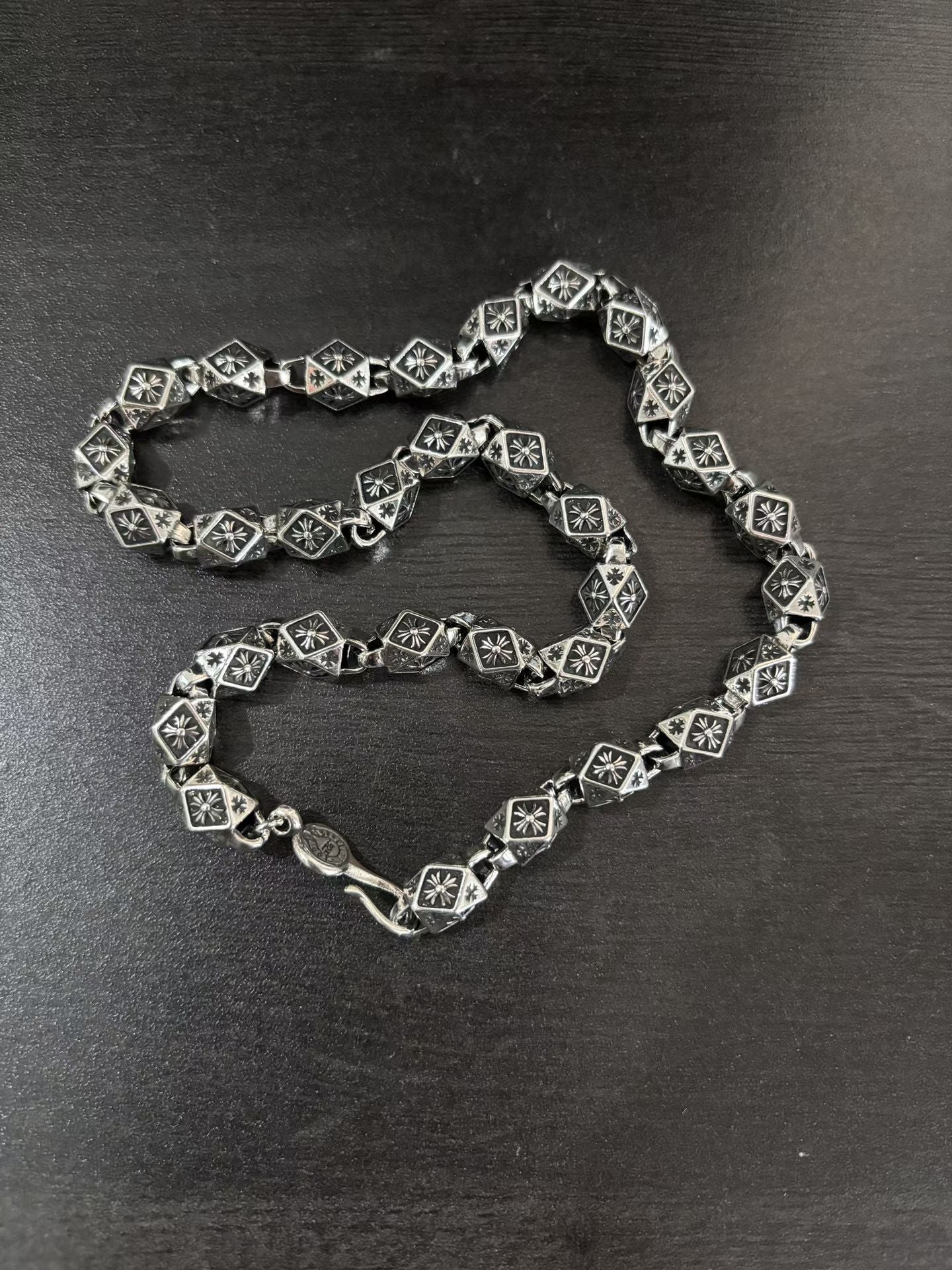 Star-motif square-link chain necklace, silver-tone with dark enamel squares