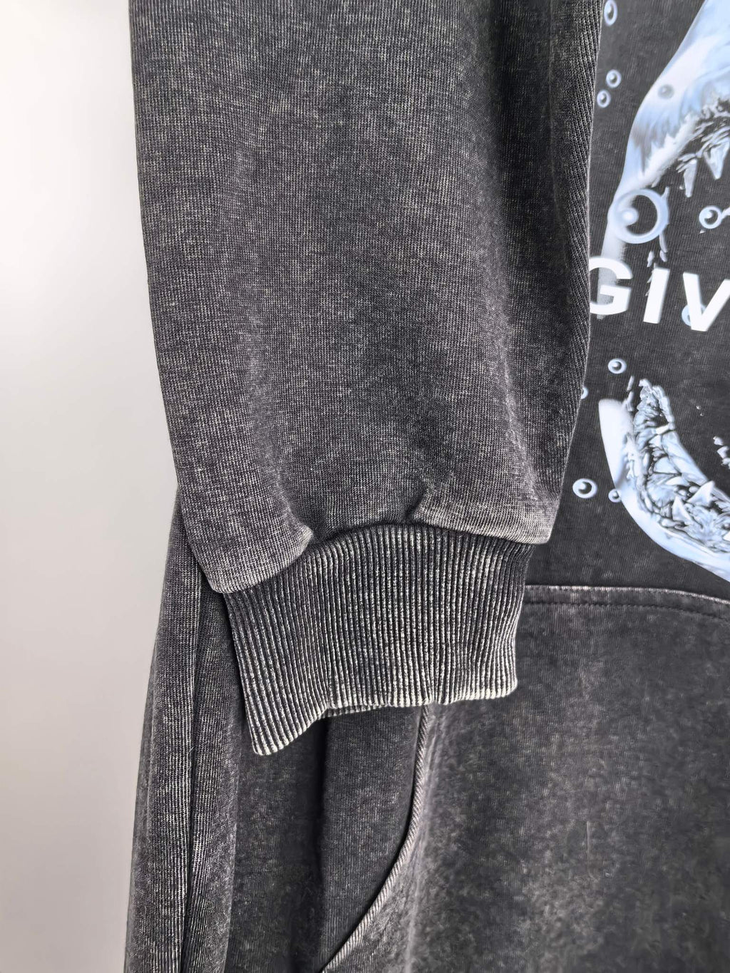 Givenchy charcoal hoodie lower sleeve and ribbed cuff detail