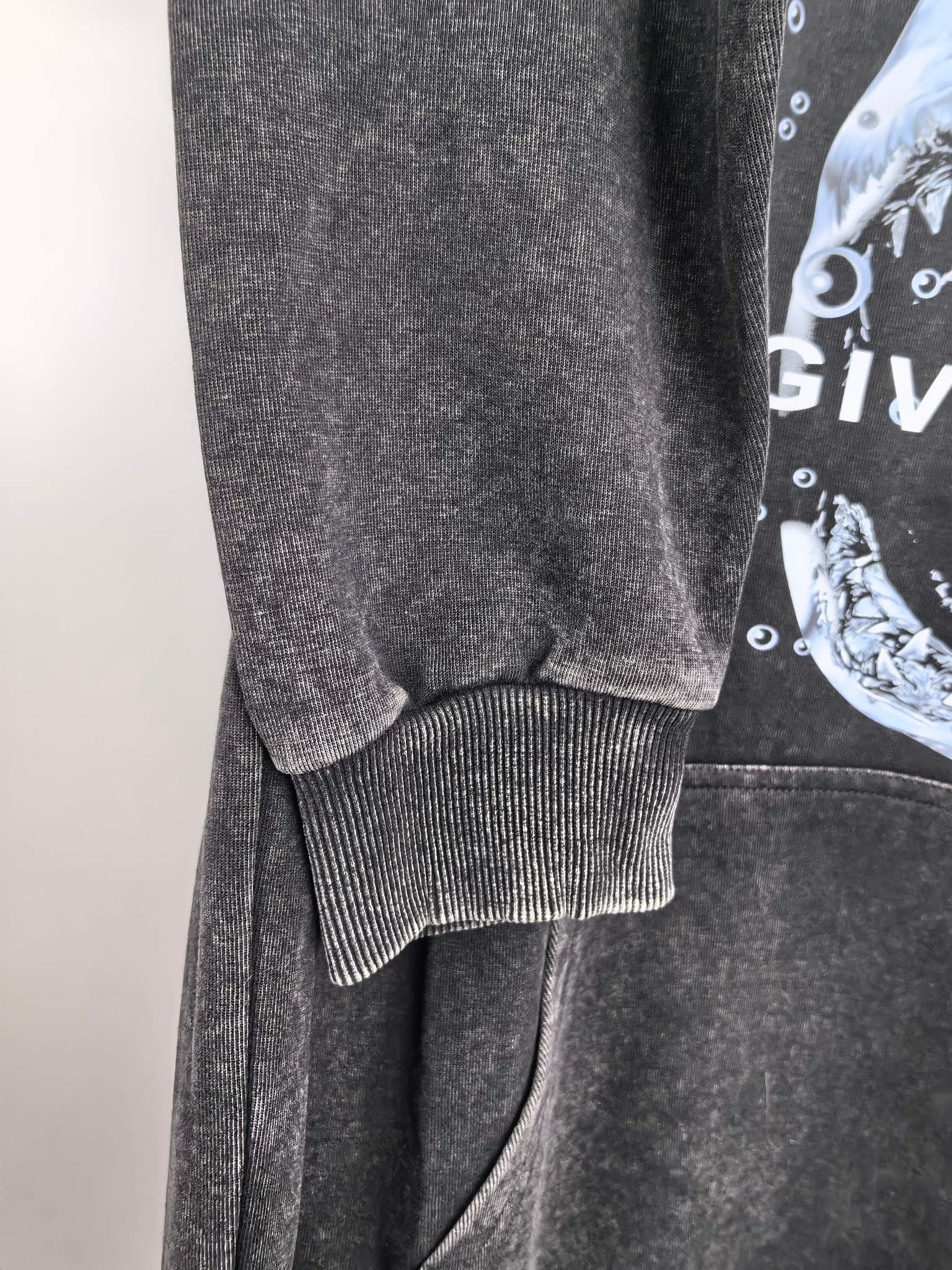 Givenchy charcoal hoodie lower sleeve and ribbed cuff detail