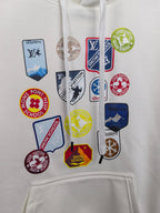 White Louis Vuitton hoodie front with multiple logo patches and hood drawstrings