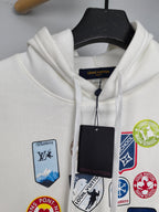 White Louis Vuitton hoodie neckline with drawstring and hanging tags