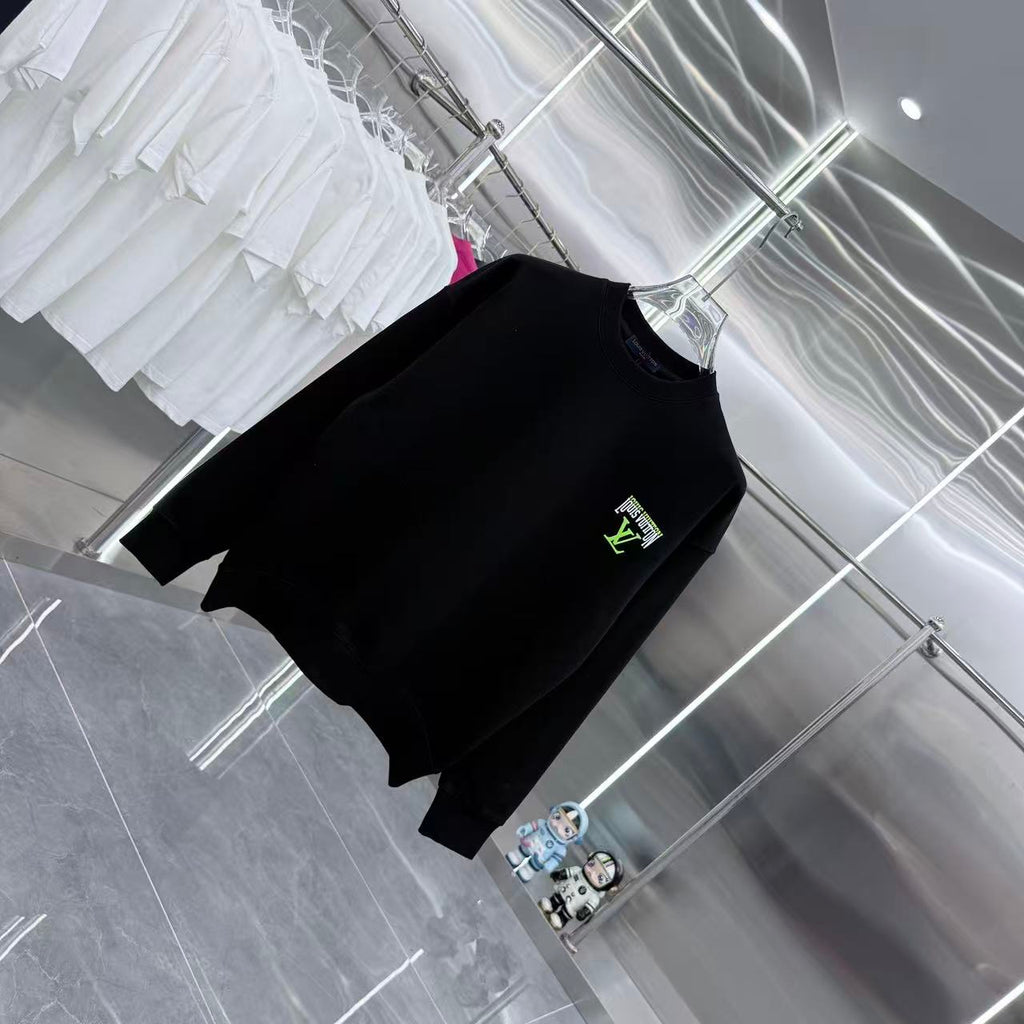 Black Louis Vuitton crewneck sweatshirt on hanger, small neon logo on chest